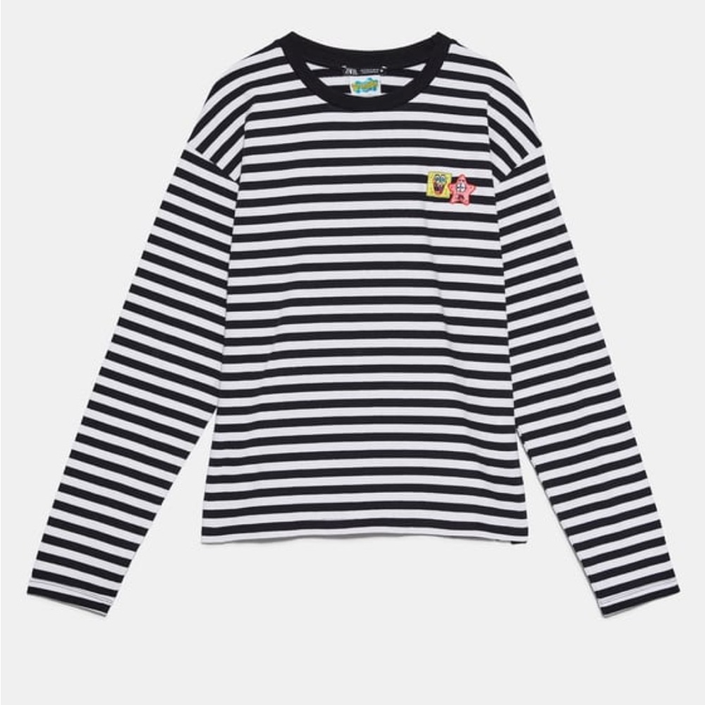 Zara Black and White Striped Long Sleeve Top with SpongeBob Patch